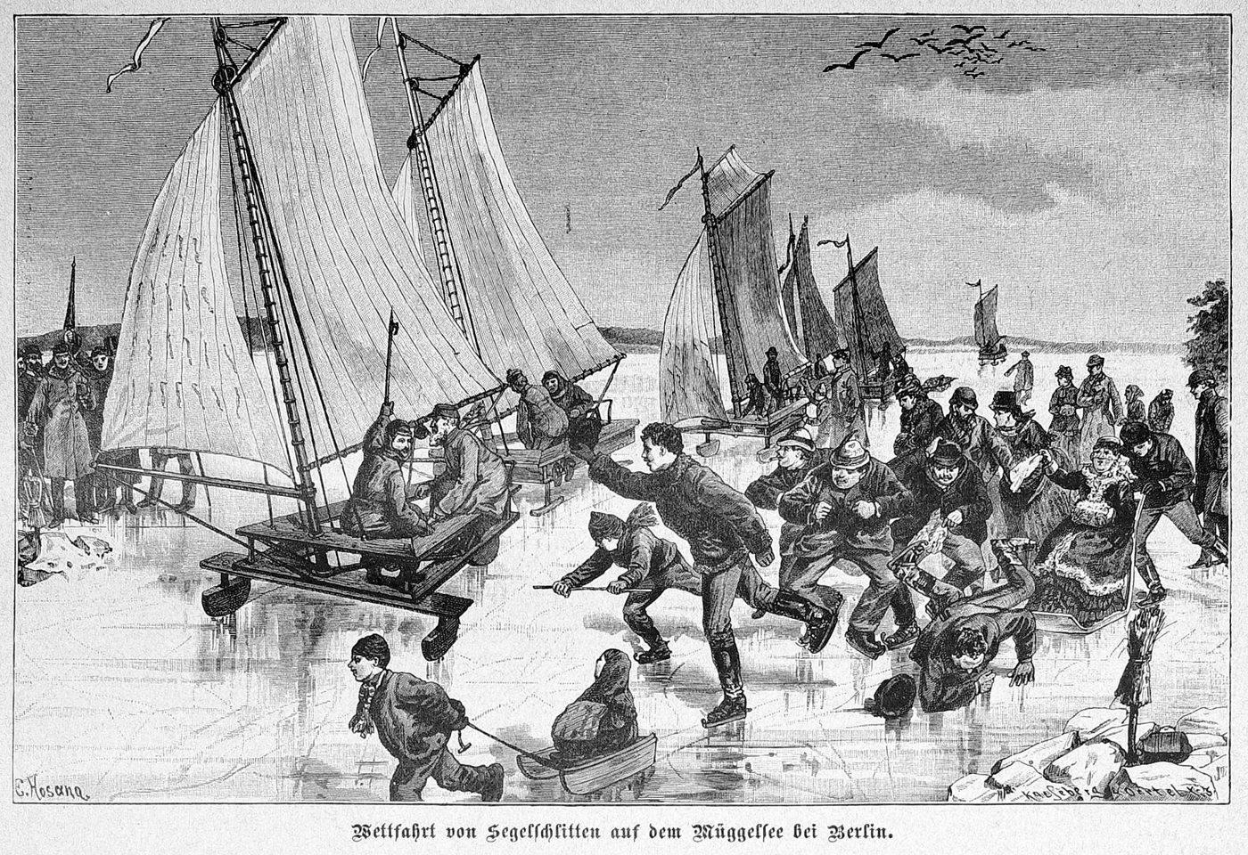 Ice yachts on the frozen Müggelsee near Berlin – an engraving from “Die Gartenlaube”, 1887